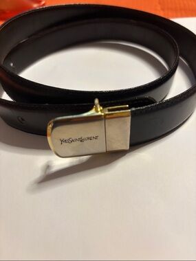 Yves Saint Laurent Black Leather Double-Wrap Belt with Gold Logo Buckle